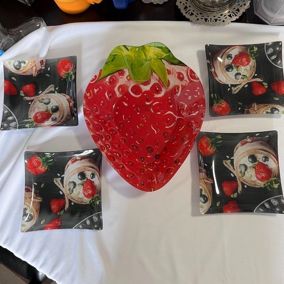 Stokes Strawberry Glass Large Bowl with Serving Dish Plates Lot of 5 - Picture 2 of 9